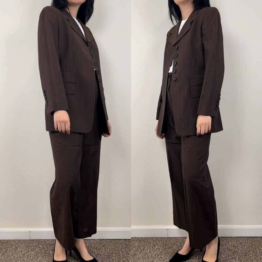 Vintage Escada Wool Linen Blend Lightweight Brown Pantsuit - Picture 3 of 8